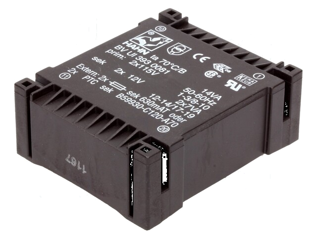 Transformator: ingegoten; 14VA; 115VACx2; 12V; 12V; 583mA; 583mA Transformator: ingegoten; 14VA; 115VACx2; 12V; 12V; 583mA; 583mA